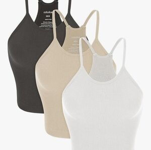 ODODOS Women's Crop 3-Pack Seamless Rib-Knit Camisole Crop Tank Tops